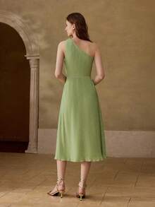 MOTF PREMIUM SUMMER SOLID COLOR TEXTURED FABRIC METAL DECOR CINCHED WAIST DRESS - Green - View 4