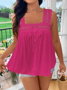Flirla Áo kiểu không tay màu trơn viền ren, cỡ lớn, phong cách thường ngày. - Hồng - Xem 4