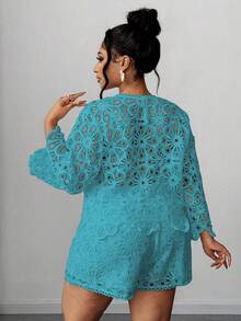 Maweii 大码优雅纯色镂空刺绣喇叭袖衬衫 - 水鴨藍 - 查看 2