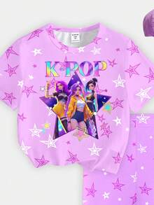 Elladie kids 春夏少女休闲时尚创意个性清新可爱白紫色五角星图案，虚拟少女团体彩色五角星图案字母标语印花休闲基础款短袖T恤和骑行短裤套装，舒适日常穿着，适合春、夏、秋季 - 彩色 - 查看 5
