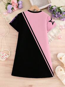 Idol Girl Group Digital Print Colorblock T-Shirt Dress, Pink And Black, Fashionable Casual Outfit For Girls, Suitable For Spring/Summer - Hot Pink - View 4