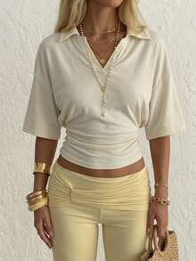 Aloruh 女士休闲百搭Polo领T恤/短款上衣/夏季衬衫 - 杏色 - 查看 2