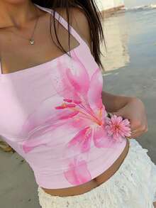 Aloruh Top de punto blanco acanalado con escote halter, apropiado para el verano - Rosa - Ver 2