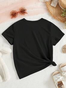 春夏女童休闲时尚创意个性清新简约可爱蝴蝶结兔子印花基础款白色短袖T恤，舒适日常穿着 - 黑色 - 查看 2