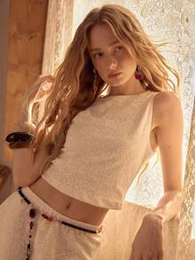 MOTF STUDIO WOMEN'S KNITTED LACE TANK TOP AND SKIRT 2 PIECES SET - White - View 4