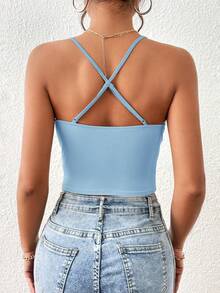 SHEIN Essnce Women's Solid Color Pleated Casual Versatile Daily Wear Camisole Top,Summer Top - Baby Blue - View 2