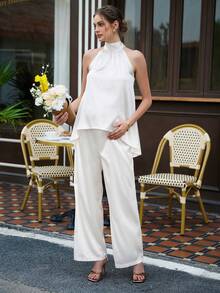 Momance 2pcs Maternity Set: Stand Collar Sleeveless Top With Bow Tie Design, Adjustable Waist Elastic Straight Leg Pants Elegant Semi Formal Outfit Women Top And Pants Terno Outfit For Women Pants And Top Graduation Pant Suit Set Women For Wedding Overall For Women Formal Overall For Women Formal Elegant - Beige - View 1