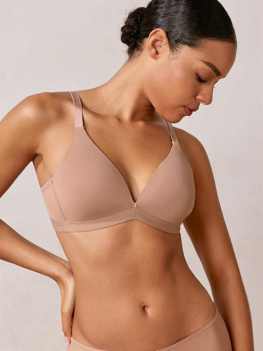 Veilyse 1件式V型女款舒適無鋼圈軟杯純色內衣,適合夏季 - 卡其色 - 查看 1