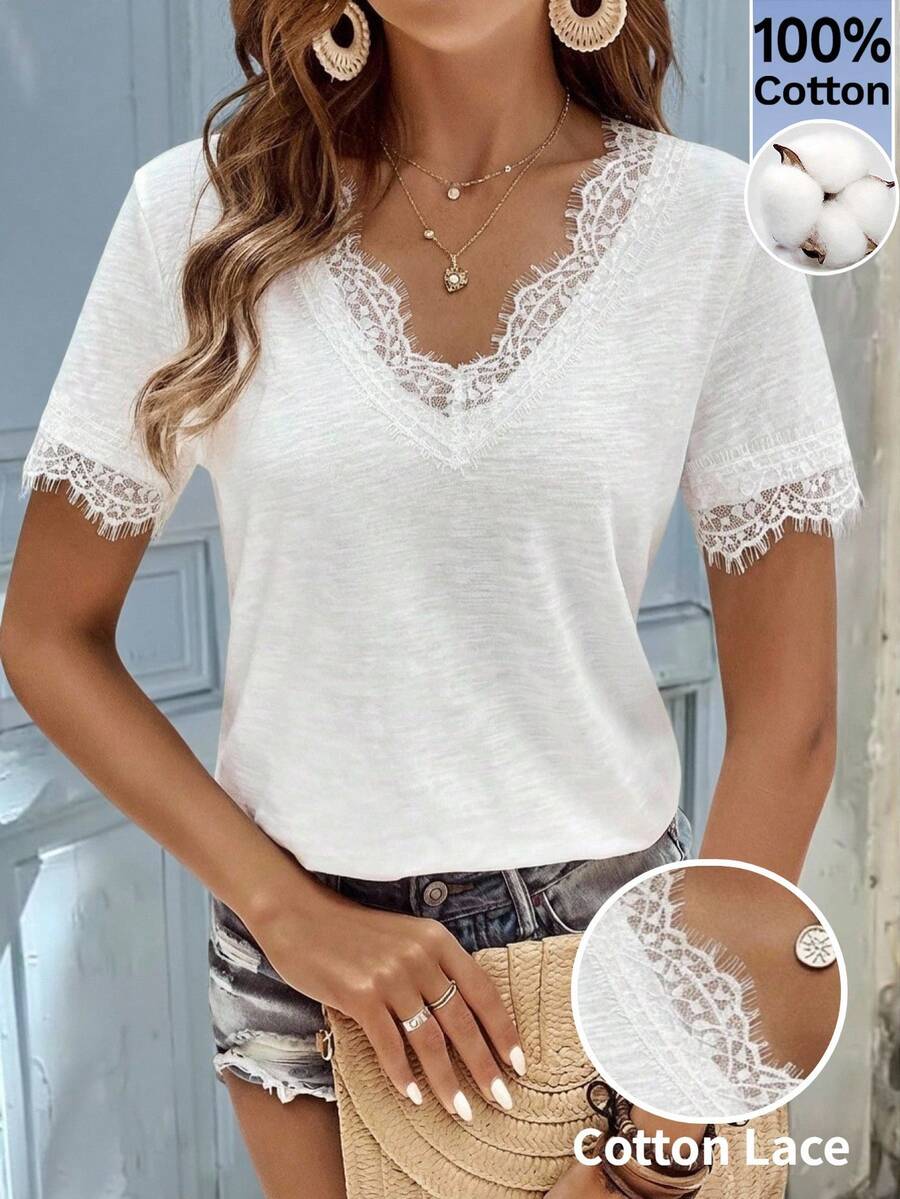 Serisse Women's Casual Cotton  Solid Color Lace Trim T-Shirt, Summer,French Summer Minimalist Cotton V-Neck Lace Trim Patchwork Short Sleeve White T-Shirt, Slim Fit, Comfortable & Versatile, Suitable For Work, Daily Wear, And Dates, Popular Item For Spring/Summer,Summer Top,Summer Outfits For Women,Beach Outfit For Women ,Casual Blouse For Women,Holiday Outfits For Women,White Tops ,White T-Shirt - White - View 1