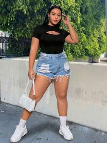 Muchica Plus Size Solid Color Cut Out Front Corset Black Tee - Black - View 3