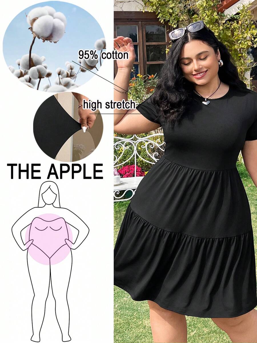 Solflare Plus Size Women's Solid Color Round Neck Short Sleeve Casual Dress, Spring/Summer - Black - View 1