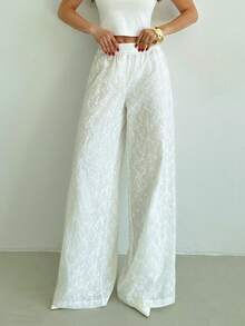 Firerie Women's Casual Loose High Waist Wide Leg Pants, White Embroidered Textured Fabric Pants, Beach Vacation Vacation Trousers, Spring/Summer Bohemian - White - View 4