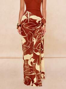 Lumalex Floral Print Amber Bead Decor Long Skirt, Fashionable Sexy Beach Swimwear Two Pieces Set Summer Vacation Bikini Bathing Suits - Multicolor - View 9
