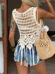 DAZY 女士休闲镂空沙滩罩衫，春夏款 - 米色 - 查看 2