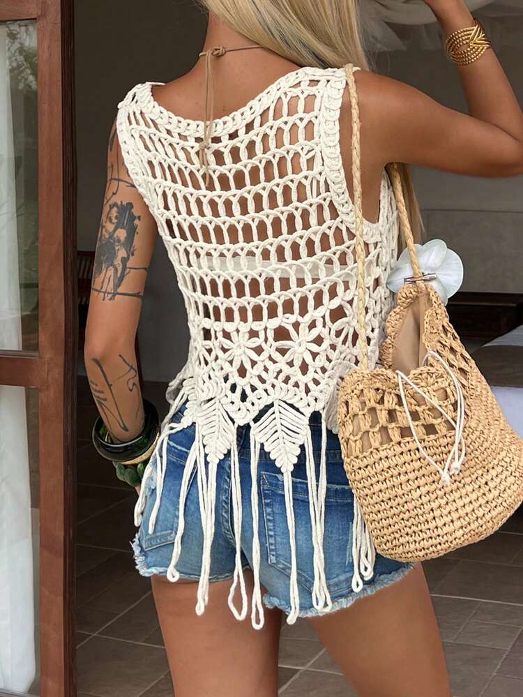 Casual Hollow Out Beach Cover Up Top For Women, Spring & Summer Vacation Outfits Women