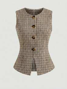 SHEIN PETITE 2026 Vintage Plaid Sleeveless Blazer & Pants Set - High-Waisted Button Detail Chic Versatile Two Pieces For Casual Office Vacation - Multicolor - View 3