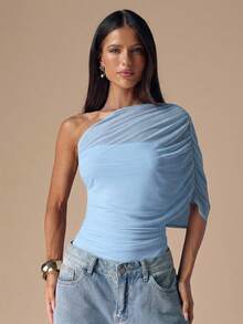 SHEIN BAE 杏色不对称肩部优雅连体衣，简约基础款修身连体衣，秋冬连体衣，杏色上衣，薄纱裹身褶皱肩部连体衣 - 淺藍色 - 查看 7