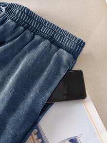 CosyJoli 大码休闲针织混色直筒口袋裤 - 藍色 - 查看 4