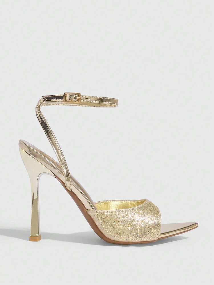 CUCCOO SZL Women Shoes Pointed Slender Heel Gold Rhinestone Open Toe Ankle Strap Women's High Heel Sandals Sexy Fashion Gorgeous Elegant With Skirts Daily Versatile Banquet Party Women Sandals Prom Heels