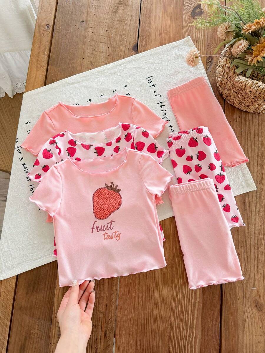 SHEIN LMoss Kids Baby Girl Cute Cartoon Strawberry Pattern Ruffle Trim Round Neck Short Sleeve Shorts Soft Knit Pajama Set, 6pcs - Multicolor - View 1