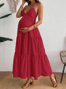 Cheriluna Maternity 孕妇性感沙滩度假风简约纯色露背系带层叠下摆连衣裙，夏季度假装女式休闲连衣裙，红色吊带层叠长裙夏季连衣裙 - 紅色 - 查看 5