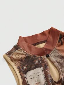 ROMWE Avant Nueva camiseta de tirantes de mujer con estampado de caligrafía de tigre y hoja de bambú de estilo chino - Multicolor - Ver 3
