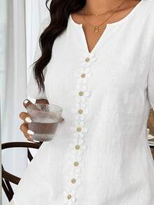 Weeklong Blusa holgada de manga corta con estampado floral y volantes para mujer talla grande, ideal para vacaciones de primavera/verano - Blanco - Ver 5