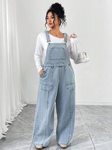 Elenzga Plus Size Women's Elegant & Comfortable Light Blue Non-Stretch Denim Bib Pants, Summer - Light Wash - View 5
