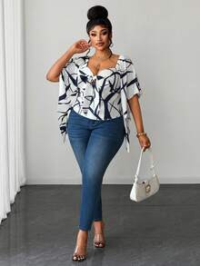 Maweii Plus Size Women's White Striped Print Deep V-Neck Tie Bow Asymmetrical Ruffle Sleeve Summer Cinched Waist Blouse, Elegant Vacation Clothing - Blue and White - View 5
