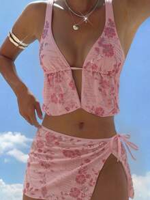 Bonvoyette 3pcs Fashionable Sexy Sequin Embroidered Tankini Swimsuit Cover Up & Skirt Set - Pink - View 1