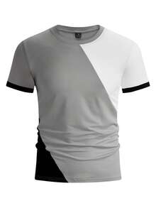Manfinity Homme Men's Round Neck Short Sleeve T-Shirt, Tri-Color Patchwork In Black, White And Gray All-Match Colors, Minimalist Casual, Slim Fit, Versatile And Comfortable - Multicolor - View 4
