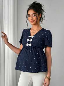 Momance Navy Blue Summer Maternity Top,Fairy Baby Shower Blouse,V-Neck Bow Decor A-Line Hem Polka Dot Print Short Sleeve Clothes For Pregnant Women,Business - Navy Blue - View 1