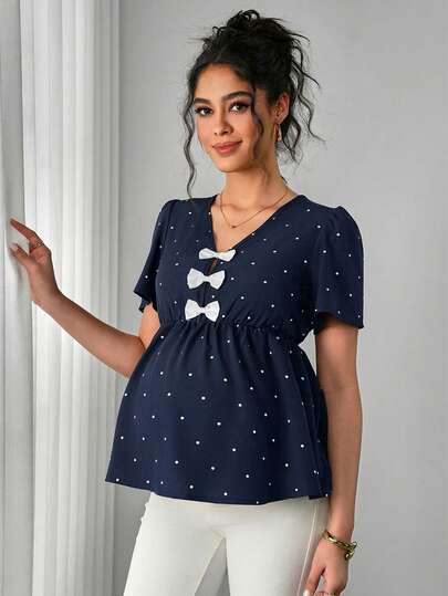 Momance Maternity Top With V-Neck, Bow Decor, A-Line Hem, Polka Dot Print, Short Sleeve Maternity Tops For Pregnant Maternity Clothes For Women Blouse For Pregnant Women Casual Tops For Women Maternity Clothes Spring And Summer Women Pregnancy Clothes Women's Tops And Blouses Women's Tops For Summer Women's Tops Women Tops Blouses Tee Maternity Blouse For Pregnant Business Casual Women Tops