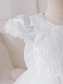 Glamorique Kids 女婴V领蝴蝶结连衣裙，蕾丝花袖，V领薄纱裙摆，适合生日派对、洗礼、花童婚礼等场合。 - 白色 - 查看 5