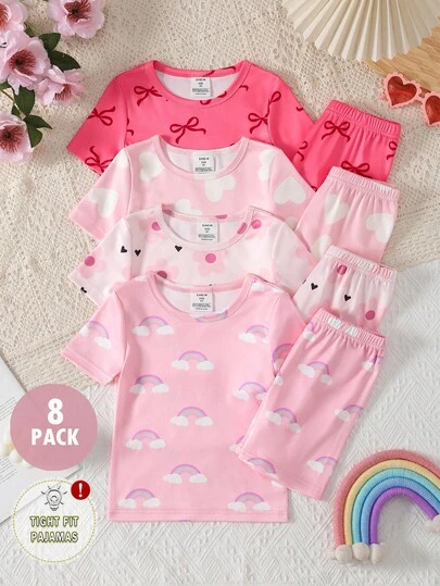 女童紧身睡衣套装（4件套），短袖上衣和短裤，可爱蝴蝶结和爱心图案设计，面料柔软舒适，适合儿童居家穿着。