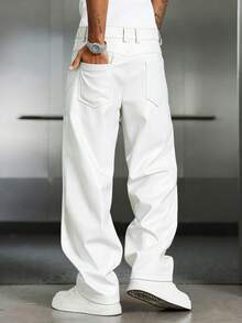 PAVTROS Men's Casual Slant Pocket Loose PU Leather Pants - White - View 2
