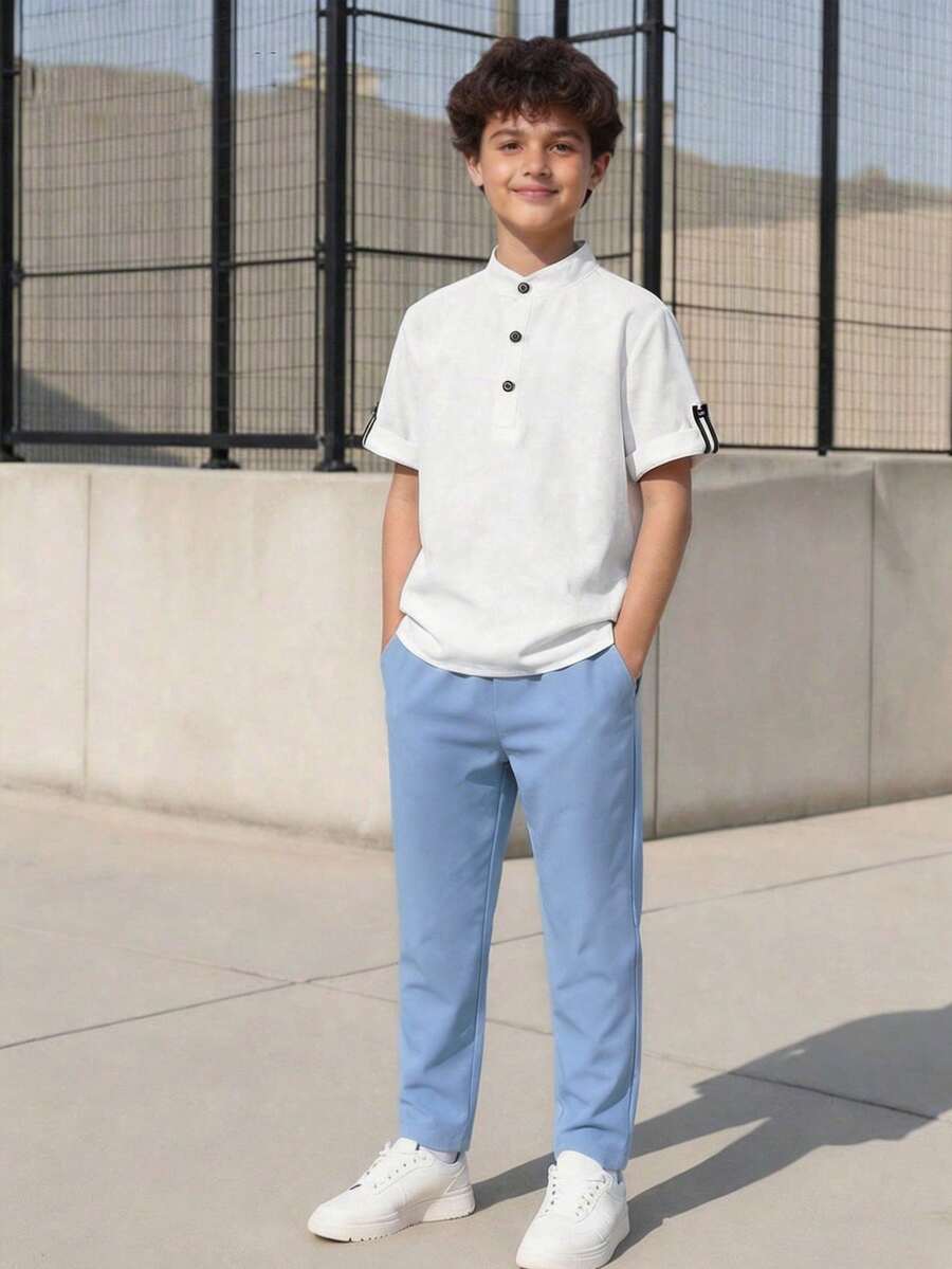 Vacaura 两件套男童夏季立领休闲百搭衬衫+纯色简约口袋裤套装,适合日常穿着及户外活动 - 藍色 - 查看 1