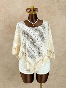 Zestiva Áo khoác ngoài kiểu Bohemian màu mơ, chất liệu vải có họa tiết, điểm nhấn là tua rua và ren, thích hợp cho kỳ nghỉ ngắn ngày, với kiểu dáng rộng rãi, thoáng mát. - Màu be - Xem 6