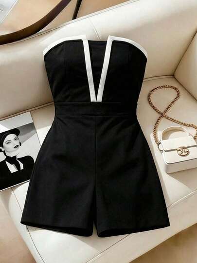 Franclia 2026新款夏季女装黑白撞色抹胸连体裤，法式V领收腰显瘦连体裤，性感无肩带露背修身连体裤，小众撞色收腰连体裤，大码遮肉显瘦款式，百搭连体裤，适合约会、派对、夜生活等场合，性感单肩连体裤，通勤、日常休闲穿着皆宜。