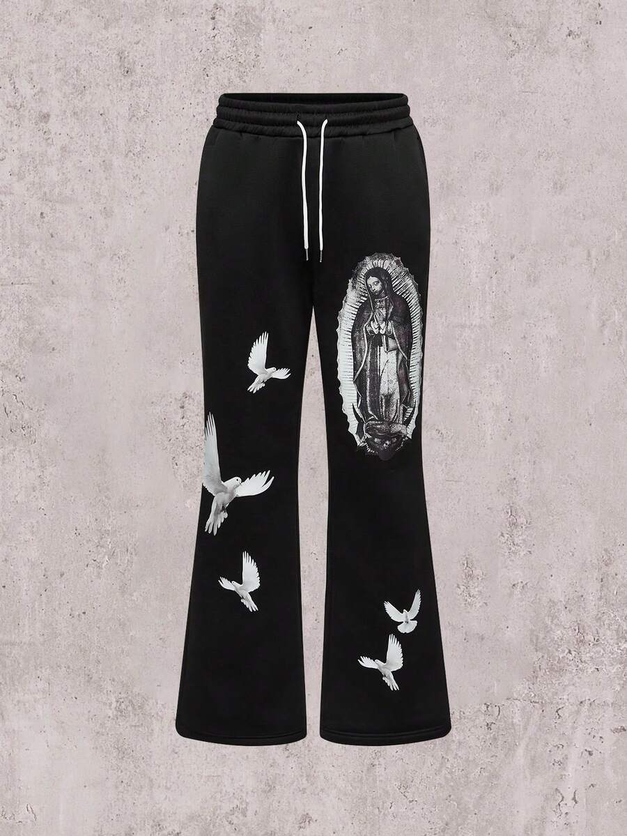 Skyrend Pantalones casuales rectos y holgados de pierna ancha con estilo graffiti urbano y hip hop para hombres, estilo emo de los años 2000, para otoño - Negro - Ver 1