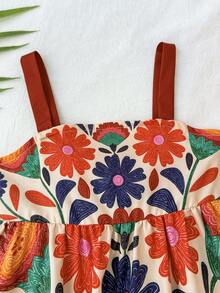 SHEIN Đầm không tay in hình lá cho bé gái, điểm nhấn nơ màu cam, đầm dự tiệc mùa hè. - Nhiều màu - Xem 5