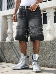 Manfinity EMRG 男士休闲街头风做旧黑色牛仔短裤 - 黑色 - 查看 3