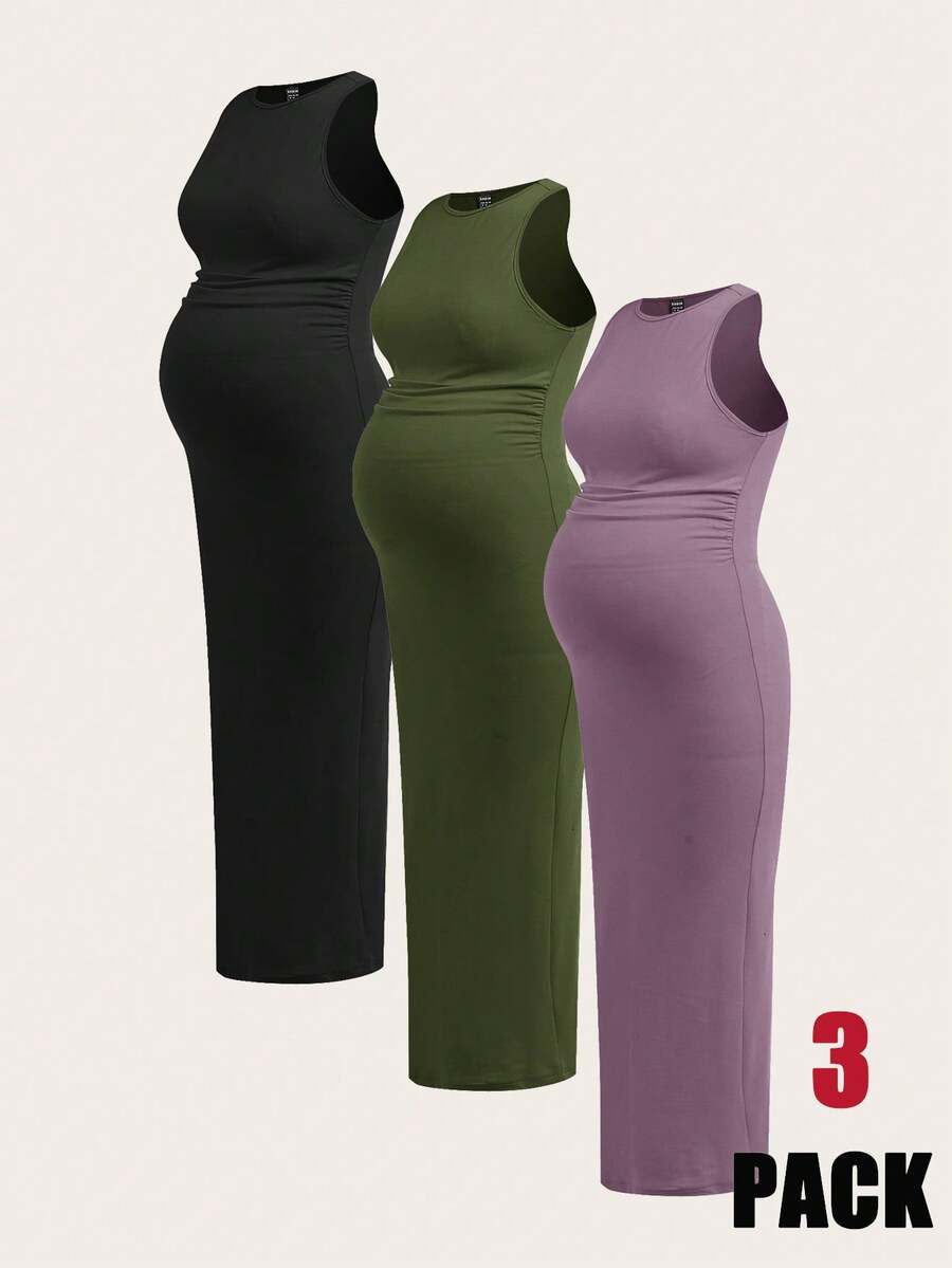 SHEIN 3pcs Maternity Solid Color Ruched Casual Camisole Dress,Summer Dark Green Maternity Bodycon Long Dresses For Photoshoot,Pregnancy Tummy Control Dress - Multicolor - View 1