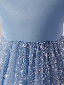 SHEIN Glamorique Kids Đầm trắng không tay cho bé gái, đính ngọc trai và nơ, phối lưới, thích hợp cho dạ hội, tiệc sinh nhật, biểu diễn, mùa hè. - Màu xanh lam - Xem 5