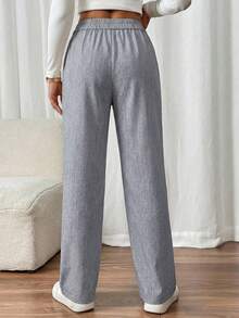 SHEIN PETITE CURVE 大码纯色斜插口袋褶裥休闲裤 - 灰色 - 查看 2