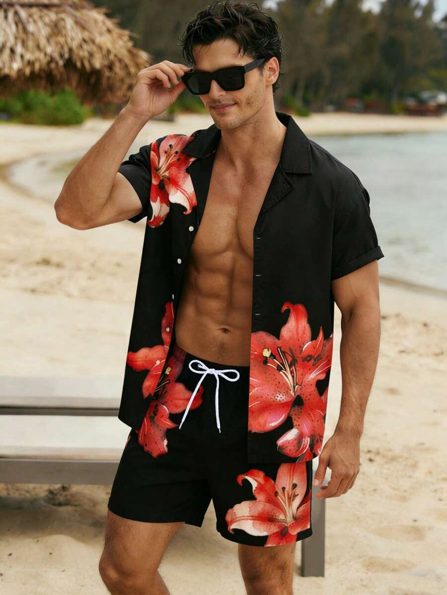 CoralVoy 男士花卉印花短袖襯衫與短褲海灘套裝,度假 - 彩色 - 查看 1