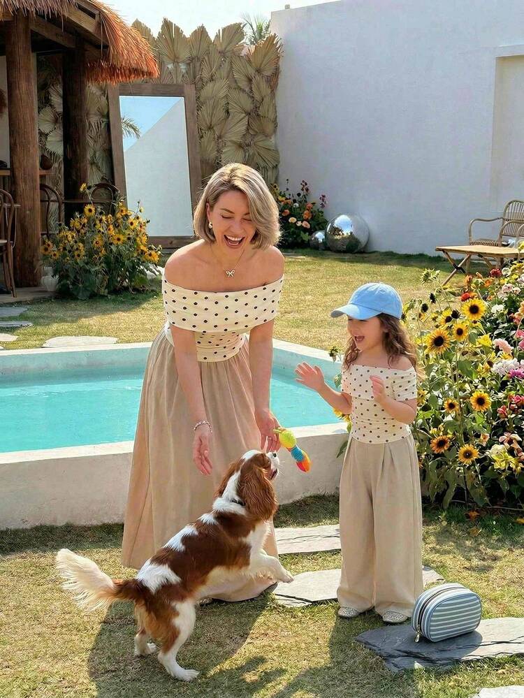 Tween Girls' Casual Polka Dot Print Off Shoulder T-Shirt, Summer