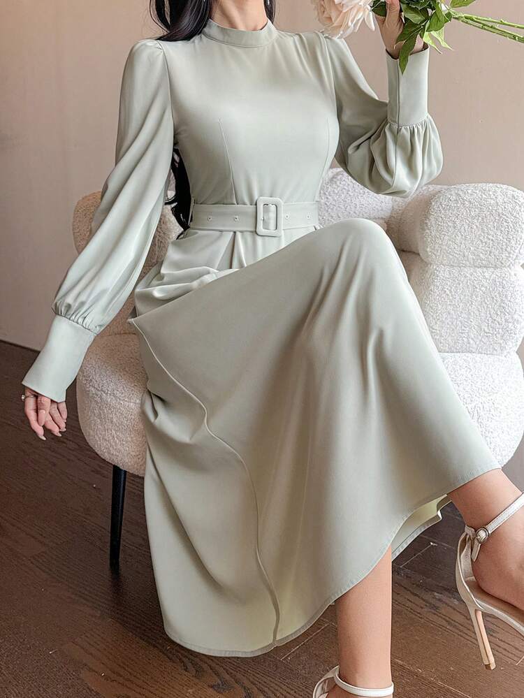 Women's Elegant Solid Color Stand Collar Puff Sleeve Belted Mid-Length Dress, Spring/Summer,Wedding Guest Dress Women Sundress