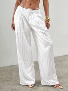 SHEIN ICON 女士Y2K低腰宽松阔腿及地长裤灰色竖条纹裤 - 白色 - 查看 3