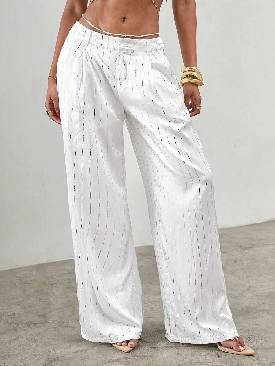 SHEIN ICON Quần dài nữ cạp thấp dáng rộng ống rộng đến sàn, màu xám kẻ sọc dọc. - trắng - Xem 1